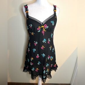 Betsey Johnson Black Babydoll Chemise Sheer with Pink, Blue & Yellow Bow Print
